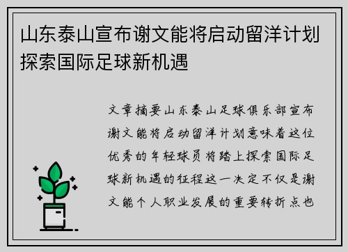 山东泰山宣布谢文能将启动留洋计划探索国际足球新机遇 山东泰山宣布谢文能将启动留洋计划探索国际足球新机遇